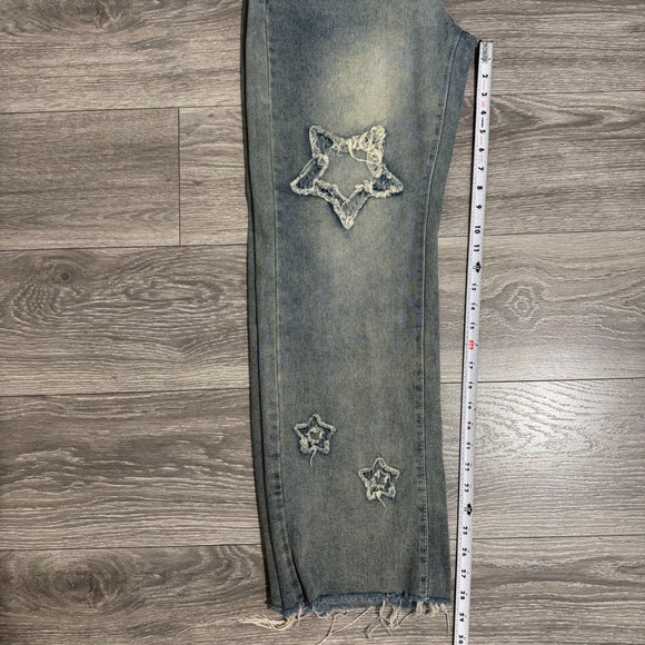 ROMWE Women's Blue Distressed Star Patch Wide Leg Skater Jeans Size M Frayed Y2K - Picture 8 of 11